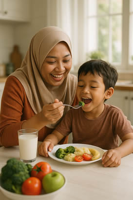 ibu memberikan vitamin lengkap untuk anak dengan memberikan makanan yang sehat