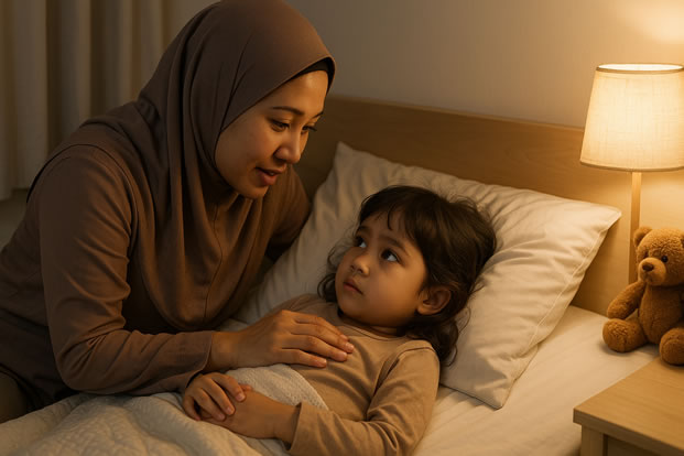 ibu membujuk anaknya agar mau tidur