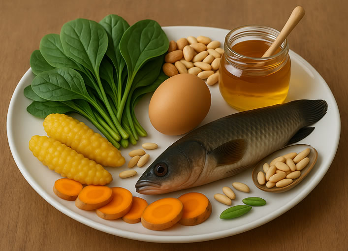 sayur telur madu gamat ikan gabus temulawak kacang kacangan dalam 1 piring