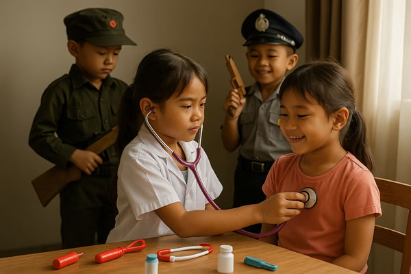 anak kreatif main dokter dan tentara