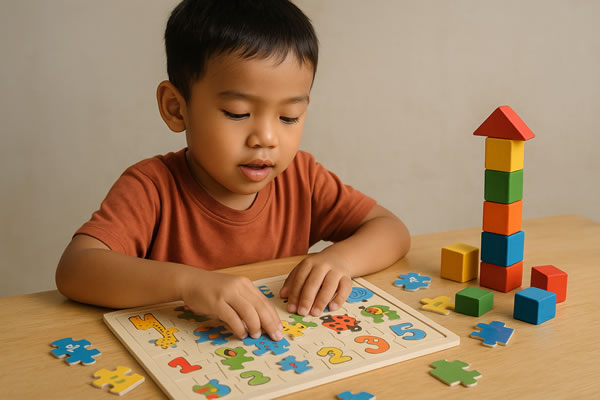 anak sedang bermain puzel edukatif dan balok edukatif
