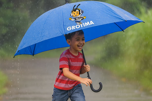 anak dilindungi payung grotima saat hujan