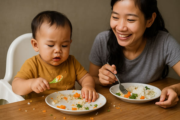 ibu mengajarkan anak makan mandiri