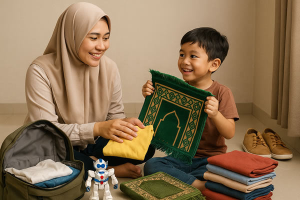 ibu dan anak sedang mengemas barang persiapan liburan